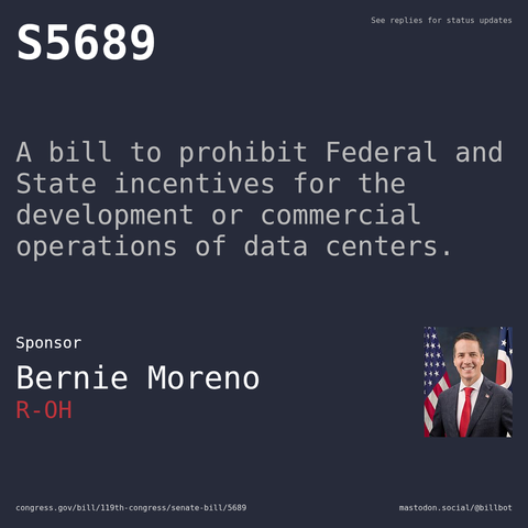 Description of S5689, and a depiction of its sponsor, Bernie Moreno.