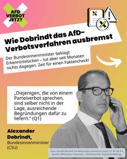 Grafik mit buntem Farbverlauf, dem Logo „AFD VERBOT JETZT“, Dokumenten-Icons und einem Foto von Alexander Dobrindt am Telefon. Überschrift: „Wie Dobrindt das AfD-Verbotsverfahren ausbremst“. Text: „Der Bundesinnenminister beklagt Erkenntnislücken – tut aber seit Monaten nichts dagegen. Zeit für einen Faktencheck!“. Zitat von Alexander Dobrindt, Bundesinnenminister (CSU): „Diejenigen, die von einem Parteiverbot sprechen, sind selber nicht in der Lage, ausreichende Begründungen dafür zu liefern.“ (Q1).