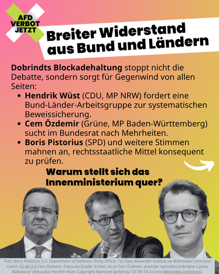 Grafik mit den Porträts von Boris Pistorius, Cem Özdemir und Hendrik Wüst unter der Überschrift „Breiter Widerstand aus Bund und Ländern“. Text: Dobrindts Blockadehaltung sorgt für Gegenwind. Wüst (CDU) fordert eine Arbeitsgruppe zur Beweissicherung, Özdemir (Grüne) sucht Mehrheiten im Bundesrat, Pistorius (SPD) mahnt rechtsstaatliche Prüfungen an. Frage: „Warum stellt sich das Innenministerium quer?“