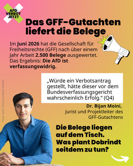 Grafik mit Megafon-Icon und Porträt von Dr. Bijan Moini. Überschrift: „Das GFF-Gutachten liefert die Belege“. Text: Im Juni 2026 wertete die GFF 2.500 Belege aus; Ergebnis: Die AfD ist verfassungswidrig. Zitat Moini (Jurist, GFF): „Würde ein Verbotsantrag gestellt, hätte dieser vor dem Bundesverfassungsgericht wahrscheinlich Erfolg.“ (Q4). Abschließend: „Die Belege liegen auf dem Tisch. Was plant Dobrindt seitdem zu tun?“