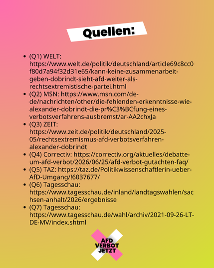 Grafik mit der Überschrift „Quellen:“ und dem Kampagnen-Logo. Aufgelistet sind Links zu Artikeln von WELT (Q1), MSN (Q2), ZEIT (Q3), Correctiv (Q4), TAZ (Q5) sowie Tagesschau-Wahlergebnissen (Q6, Q7).