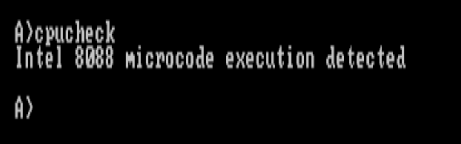 'cpucheck' running in XTCE-Blue, showing 8088 microcode execution detected
