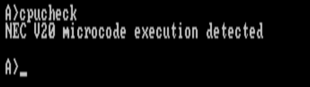 'cpucheck' running in XTCE-Blue, showing NEC V20 microcode execution detected