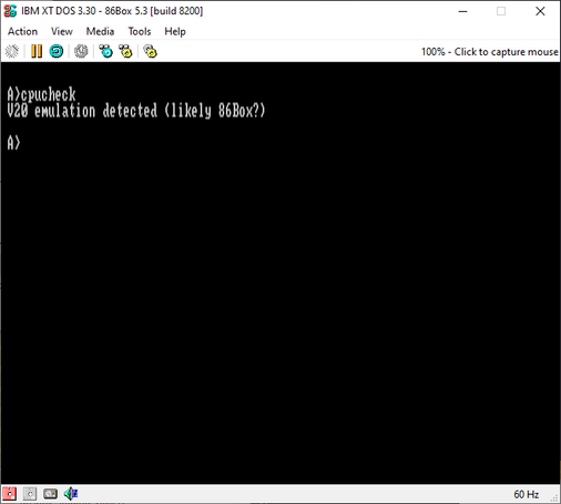 A screenshot of the 'cpucheck.com' utility running in 86box and detecting it is running in 86box.