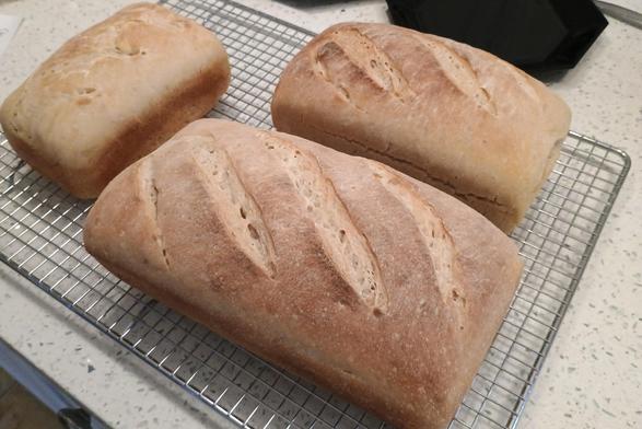 Three loaves of white bread with brown tops on a cooling rack