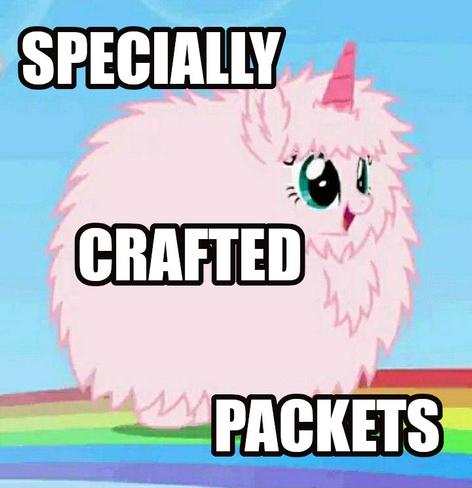 Meme of a nearly round fluffy pink unicorn on a rainbow in front of blue sky. Top text: specially. Mid text: crafted. Bottom text: packets.