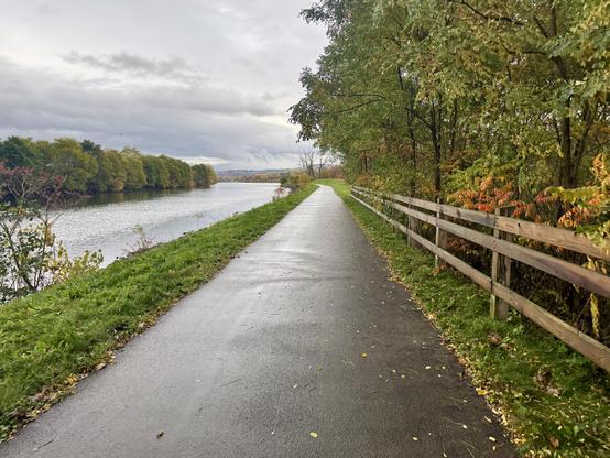 Classic view with canal on left, band of grasses, paved trail, wood fence, and forest. Cloudy sky, but it wasn’t serious.