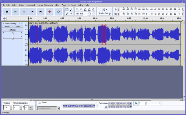 Screenshot of the waveform of Chris de Burgh's "The Getaway" album, showing areas of clipping.