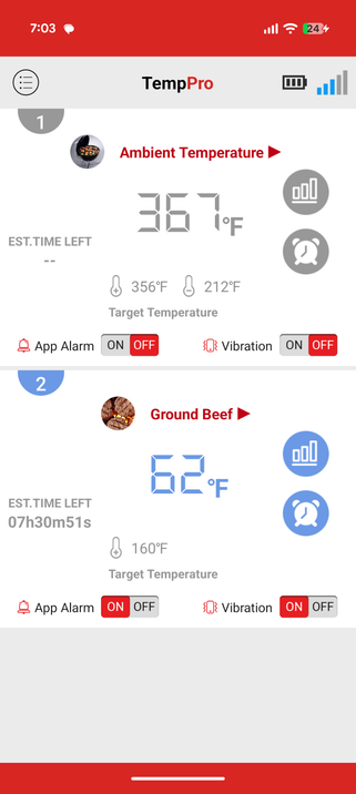 A screenshot of a thermometer app showing ambient temp in a grill at 367f and internal temp of a meat ball at 62f