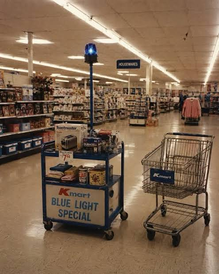 cart with a blue flashing light on a pole next to a shopping cart inside a department store