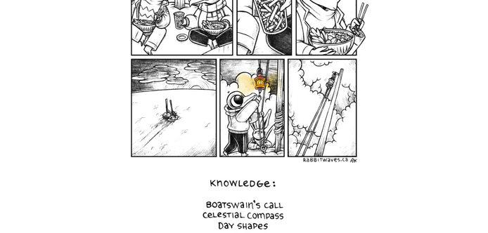 a comic page showing a humanoid gull hoisting a lantern up the mast, the lantern is drawn in color.