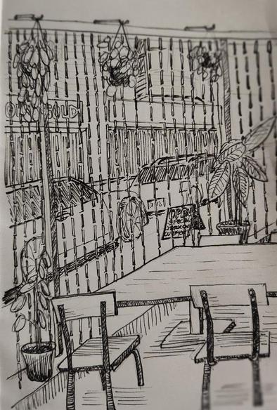 Pen & ink, a view out the window of the Jamaican restaraunt where I had dinner while waiting for @annaleen's book discussion to start