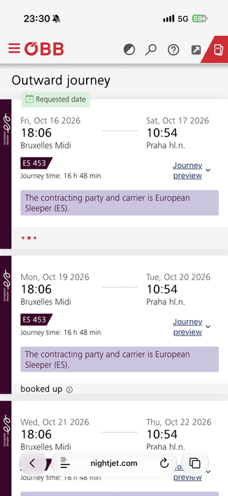 OBB website selling European Sleeper tickets
