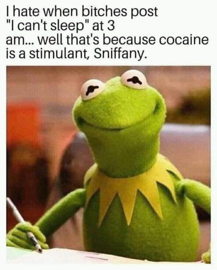 Kermit: I hate when bitches post
"I can't sleep" at 3
am… well that's because cocaine
is a stimulant, Sniffany.