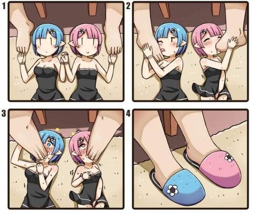 Rem & Ram (blue & pink maids) from ReZero
big feet descend.
They suck on them.
Suck the feet in.
Now blue & pink slippers with flowers.