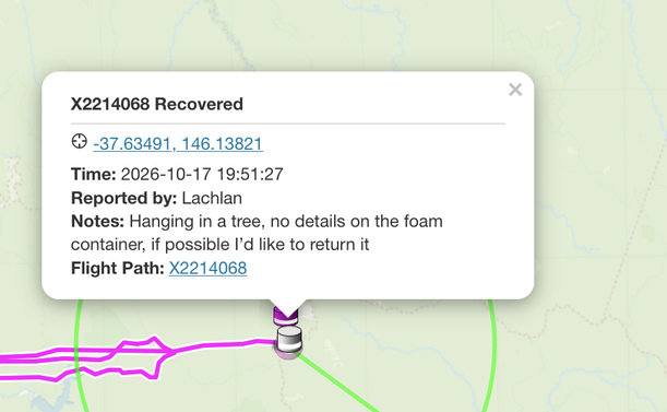 Sondehub recovery report:
Notes: Hanging in a tree, no details on the foam container, if possible I’d like to return it