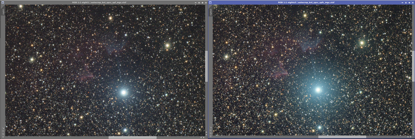 Screenshot of two zoomed in parts of the images from the previous attachment, this time the small red clouds surrounding the Gamma Cas star are more pronounced on the right photo.