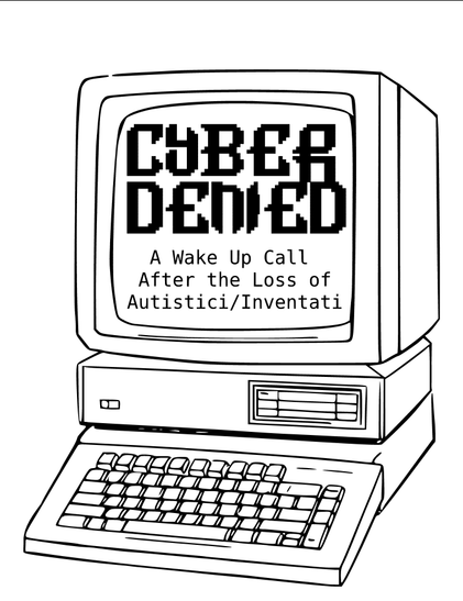 Zine cover of a retro laptop with ASCII art text that says Cyber Denied.