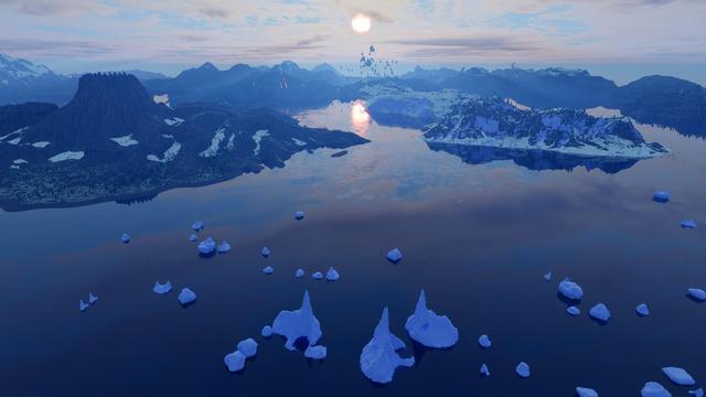 A mountainous wild coast and icebergs viewed from above. The low sun and clouds are reflected in the water. 
Avoyd render of Minecraft Map "Continent of Gleamora" by Dannypan with clouds from NASA added with Avoyd's new multi-model functionality (only available in Avoyd 0.28 beta).