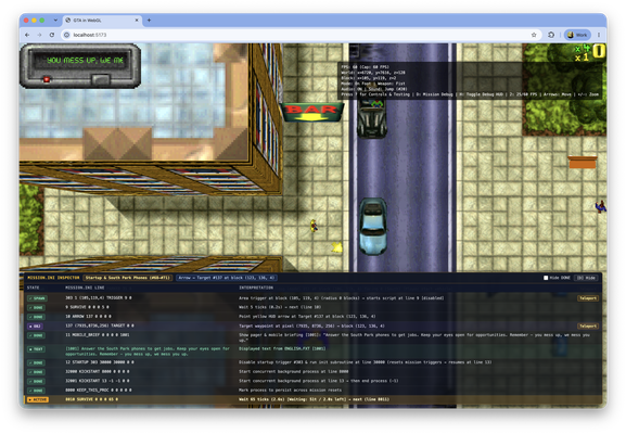 GTA 1 running in the browser, powered by WebGL. The screenshot shows the starting position of the original game with two debug HUD overlays.
