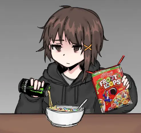 Lain from Serial Experiment Lain in a black hoodie pouring Froot Loops and Monster energy drink into a bowl with a spoon in it.