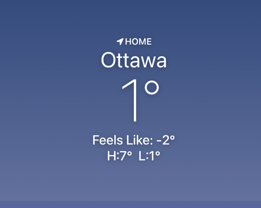 Screen shot of the weather app showing current temperature in Ottawa at one degree Celsius. High today is 7.