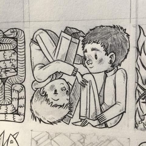 An ink drawing of 2 people that resemble rek and devine, one is sitting right side up and the other upside down. Both have a hand held lovingly over the face of the other.