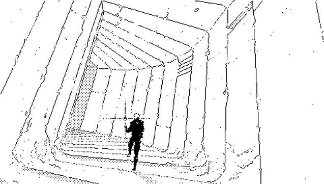 Neonev walking up a tunnel with a kind of floating lamp