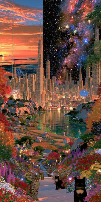 Surrealistic cats, beautiful in any dimension, blend in and out with the natural landscape of rural blending with Urban blending with everything that this new Space telescope can see.