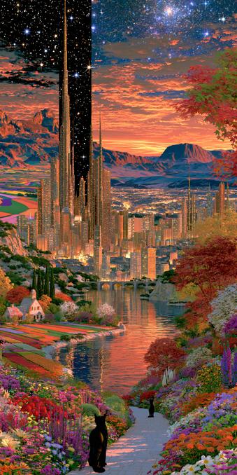 Surrealistic cats, beautiful in any dimension, blend in and out with the natural landscape of rural blending with Urban blending with everything that this new Space telescope can see.