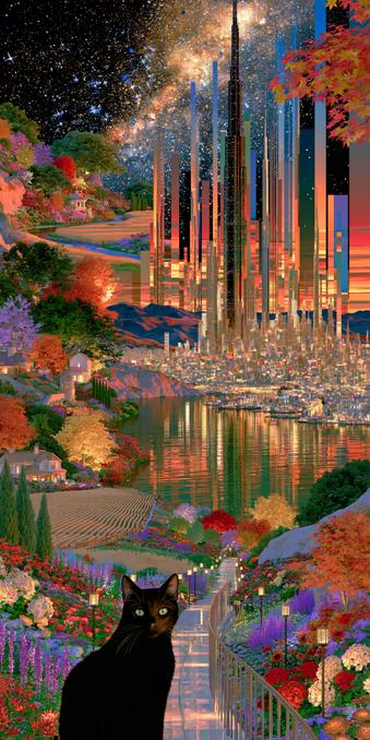 Surrealistic cats, beautiful in any dimension, blend in and out with the natural landscape of rural blending with Urban blending with everything that this new Space telescope can see.