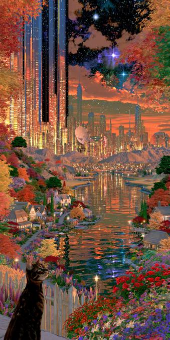 Surrealistic cats, beautiful in any dimension, blend in and out with the natural landscape of rural blending with Urban blending with everything that this new Space telescope can see.