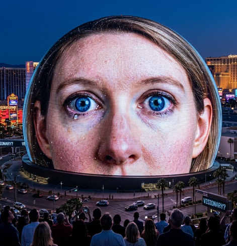 AI image of huge eyes and a tear on the Vegas Sphere.