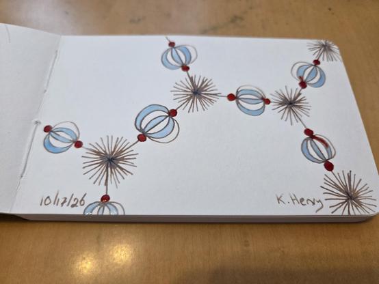 Hand drawn generative/procedural art in ink on an open page of my sketchbook. The abstract pattern looks a bit like a chemistry diagram made from fancy beads.
