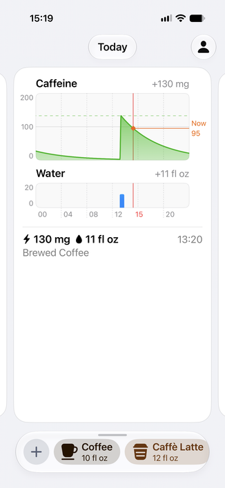 Home Screen of my caffeine tracker app, showing its new blue-gray tint color.
