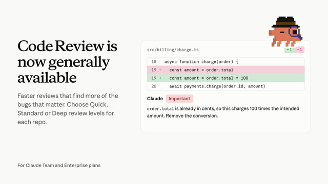 An advertisement for Claude Code Review:

"Code Review is now generally available.

Faster reviews that find more of the 
bugs that matter. Choose Quick, Standard or Deep review levels for each repo.

For Claude Team and Enterprise plans"