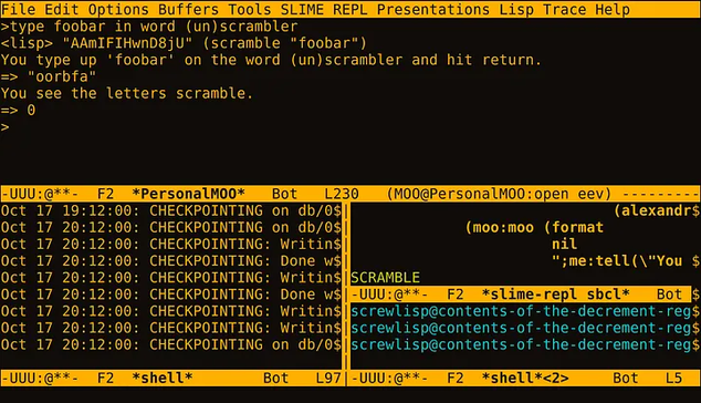An amber emacs terminal ; the top half is a moo.el connection to *PersonalMOO* in which foobar has just gotten scrambled to "oorbfa". The bottom half on the left is a running lambdamoo, and on the right a truncated lisp repl and a shell doing xwd.