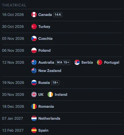 Theatrical
16 Oct 2026
Flag for Canada
Canada14A
30 Oct 2026
Flag for Turkey
Turkey
05 Nov 2026
Flag for Czechia
Czechia
06 Nov 2026
Flag for Poland
Poland
12 Nov 2026
Flag for Australia
AustraliaMA 15+
 
Flag for Serbia
Serbia
 
Flag for Portugal
Portugal
 
Flag for New Zealand
New Zealand
19 Nov 2026
Flag for Russia
Russia18+
20 Nov 2026
Flag for the UK
UK
 
Flag for Ireland
Ireland
18 Dec 2026
Flag for Romania
Romania
07 Jan 2027
Flag for the Netherlands
Netherlands
12 Feb 2027
Flag for Spain
Spain