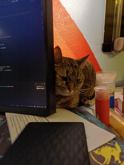 Tabby cat on my desk, behind the computer's monitor. Looking at the anti fascist logo of the magazine Brand.