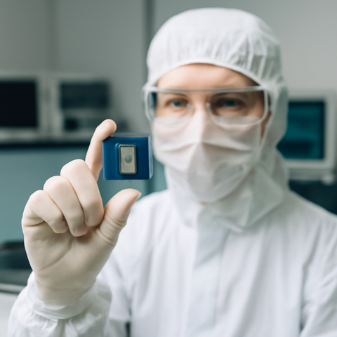 A photo of a person in clean room garb holding up a RISC-V chip.