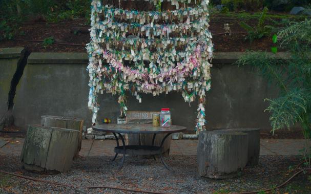 The setup. A shelf with many tags of wishes tied to it. Underneath it is a wooden board explaining how it works. In front of it are 5 seats made of tree trunks surrounding a wooden coffee table of sort, with a jar for empty tags and pens, and another jar for filled-out wishes to be hung on the shelf.