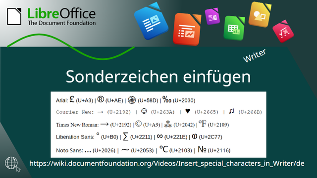 Sonderzeichen einfügen - Writer
https://wiki.documentfoundation.org/Videos/Insert_special_characters_in_Writer/de
