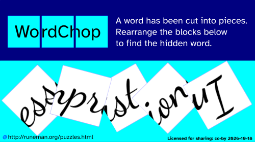 There's a word which has been cut into squares, each of which contains a part  of the word, maybe with parts of some letters cut so they appear on different squares.

The puzzle image is mostly in stripes of blue, but the jumbled, partly overlapping squares are white with black letters.

The main clue is that one letter has a capital letter in it, marking the beginning of the word.