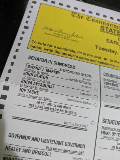 a Massachusetts State Election ballot. one of the candidates for Senator In Congress is Shiva Ayydurai
