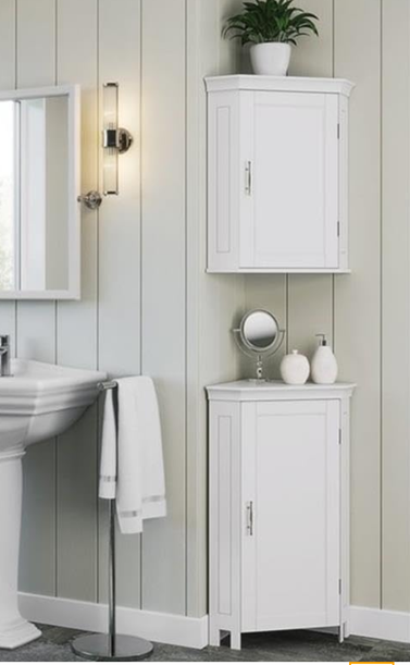 A lower and upper cabinet are shown nestled into a corner. Both lower and upper doors are hinged on the right, but should be left for us.