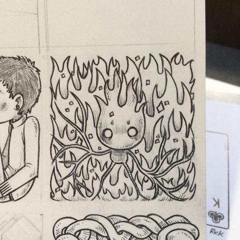 An ink drawing of a character amongst flames