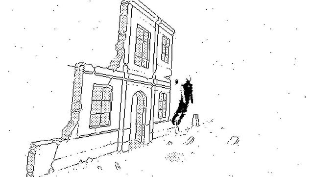 Andes floating out of the doorway of a broken building.