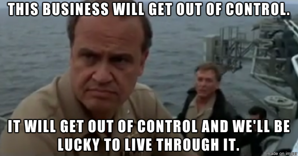 Screen shot of a navy captain on his ship. Captioned : this business will get out of control. It will get out of control amd we'll be lucky to live through it