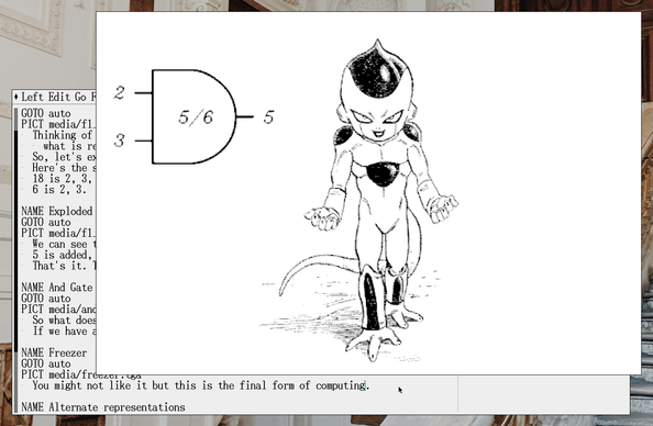 Kuriza performing the Frieza Stance in Nekomajin manga, next to a logic gate with inputs 2 and 3, and output 5, labeled 5/6.