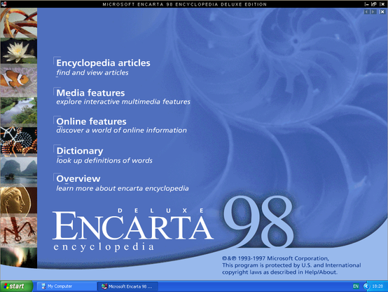 The welcoming blue home screen of Microsoft Encarta 98 Encyclopedia Deluxe Edition, running in Windows XP. The menu items are Encyclopedia articles, Media features, Online features, Dictionary, and Overview.